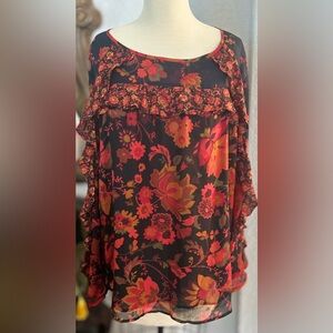 Loft Long Sleeve Ruffled Blouse Top Orange, Red & Black Floral Design Size L